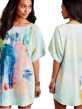 Anthropologie Maeve PAINTED SILK Watercolor Claire Desjardins Med Tunic Top Boho